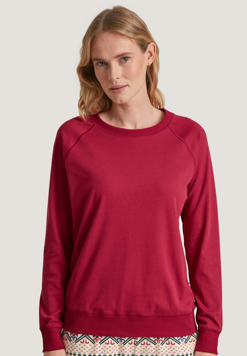 Maroon sweatshirt with a round neckline, long raglan sleeves, and ribbed cuffs. Smooth fabric and relaxed fit, paired with patterned bottoms.