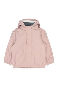 Chaqueta impermeable rosa con capucha, puños elásticos y forro gris. Presenta cierres a presión y un diseño sencillo con un sutil detalle de marca.