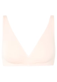 Soutien-gorge sans fil rose clair avec un décolleté en V profond, des bretelles larges, un tissu lisse et sans coutures ni matériel visibles. Design doux et flexible.