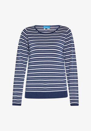 Tengerészkék és fehér csíkos, hosszú ujjú pulóver kerek nyakkal, puha kötött anyagból készült, bordás aljúval. A márkajelzés a gallérnál látható.
