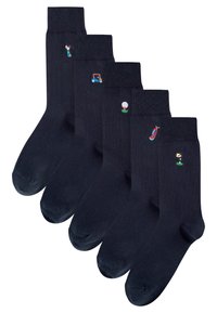 Five pairs of navy socks featuring embroidered golf-related designs: a golfer, a golf cart, a golf ball, and two golf tees with flags.