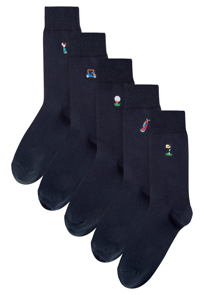 Five pairs of navy socks featuring embroidered golf-related designs: a golfer, a golf cart, a golf ball, and two golf tees with flags.