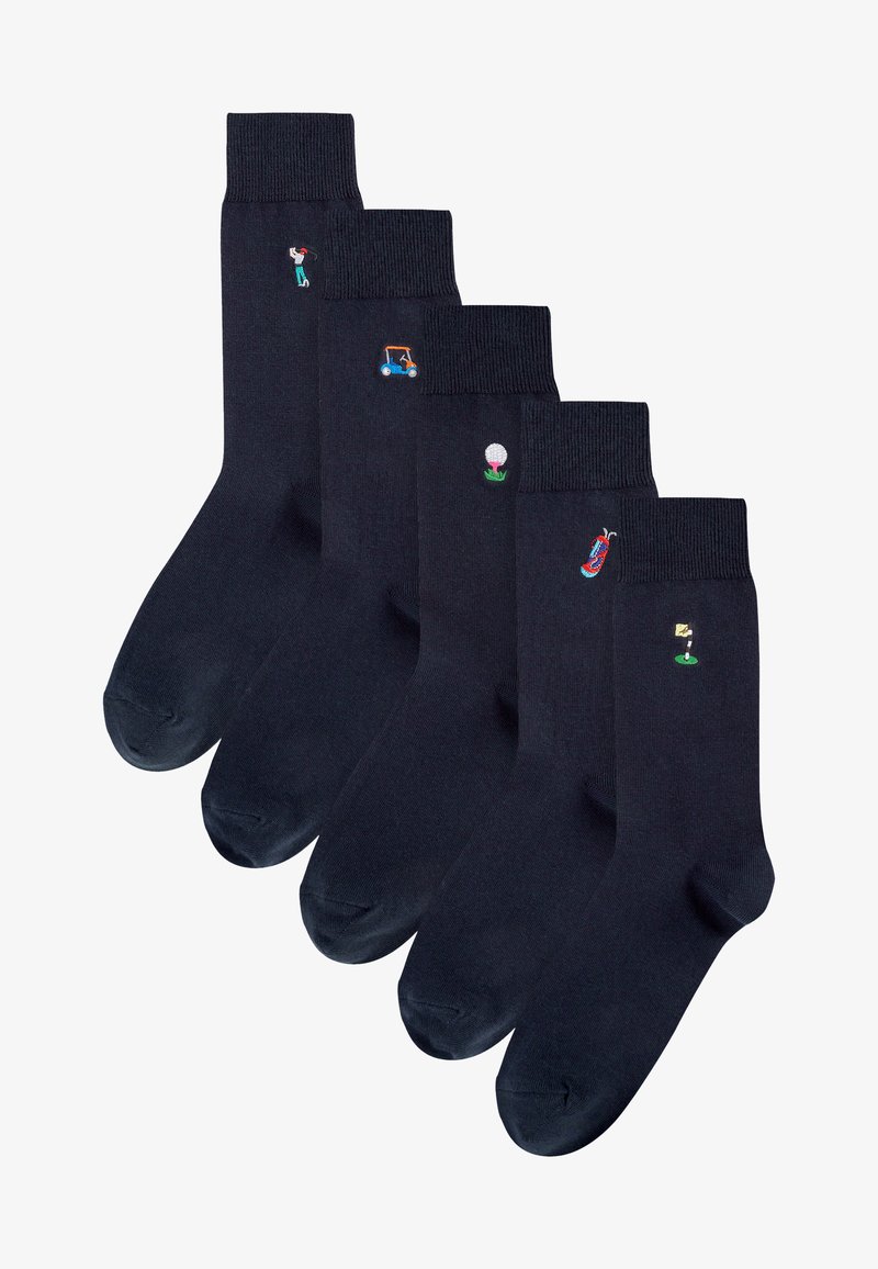 Five pairs of navy socks featuring embroidered golf-related designs: a golfer, a golf cart, a golf ball, and two golf tees with flags.