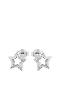 Silver stjärnformade studs med inlagda små klara kristaller längs ena sidan, säkra fjärilslås synliga.