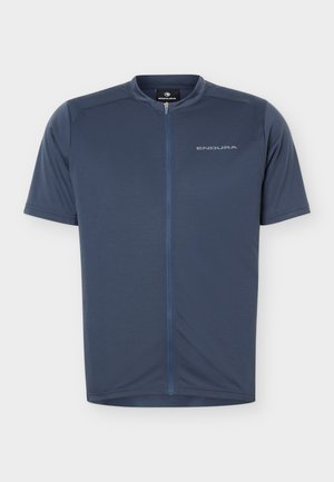 Camiseta de ciclismo azul marino de manga corta con cremallera frontal y logo "ENDURA" en el pecho izquierdo.