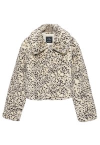 Kort jakke i imiteret pels i cremefarve med sorte leopardpletter, med en bred krave og lynlås foran. Blød tekstur med lange ærmer.