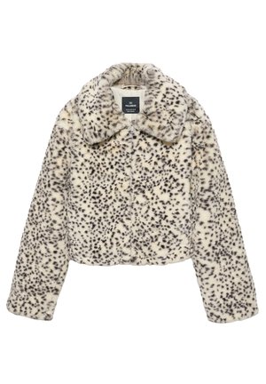 Krém színű, fekete leopárd mintás, rövidített műszőrme dzseki, széles gallérral és elöl cipzárral. Puha tapintású, hosszú ujjakkal.