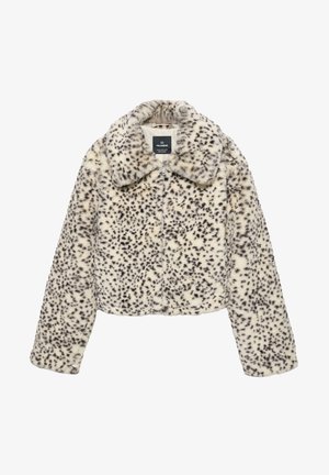 Kurz geschnittene Kunstpelzjacke in Creme mit schwarzen Leopardenflecken, ausgestattet mit einem breiten Kragen und einem Frontreißverschluss. Weiche Textur mit langen Ärmeln.