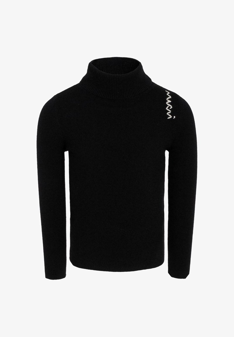 Czarny sweter z kołnierzem typu golf wykonanego z prążkowanego materiału. Posiada długie rękawy oraz dekoracyjne białe przeszycie na ramieniu.