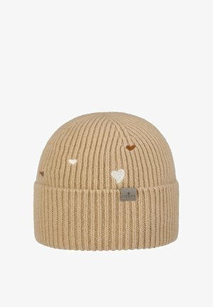 Beige ribbed knit beanie with small embroidered white and brown hearts and a folded brim with a fabric brand label.