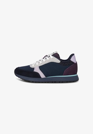 Navy and purple athletic shoes featuring a mix of fabric and suede, white laces, and a textured heel. Thick sole with mint accent.
