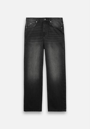 Jeans en denim noir avec une coupe droite, cinq poches et une texture décolorée. Comprend une fermeture à bouton et à zip à l'avant.