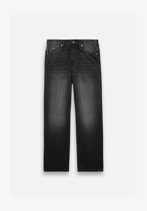 Black denim jeans with a straight-leg design, five pockets, and a faded texture. Features a front button and zip closure.