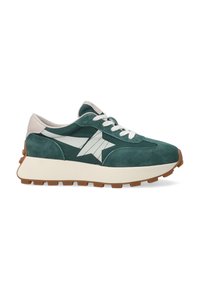 Grüner Wildleder-Sneaker mit weißen Akzenten, Schnürverschluss und einer dicken, strukturierten Sohle. Verfügt über ein markantes Stern-Logo an der Seite.