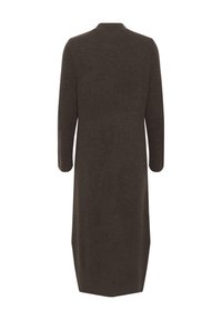Cardigan lavorato a maglia di colore marrone scuro, lunghezza al ginocchio con maniche lunghe e colletto alto; texture a coste; colore uniforme senza motivi o accenti visibili.