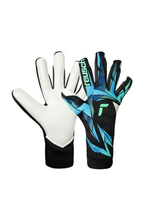 Pair of goalkeeper gloves with white palms and black backs featuring blue and green geometric patterns and "reusch" branding on the index finger.
