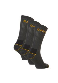 Chaussettes grises avec texture côtelée, logo CAT jaune, talon et orteils renforcés en noir, avec des rayures jaunes vives au niveau de la cheville. Ensemble de trois paires.