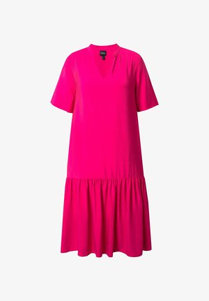 Robe courte à manches courtes de couleur rose vif avec un décolleté en V et une jupe à volants froncés. Fabriquée en tissu léger, dotée d'une coupe décontractée.