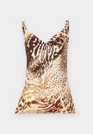 Haut sans manches pour femme avec fines bretelles, col bénitier, présentant un motif animalier marron et beige.