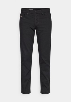 Black denim jeans with a straight cut, five pockets, and subtle red stitching detail on the front. Smooth texture, standard waistband closure.
