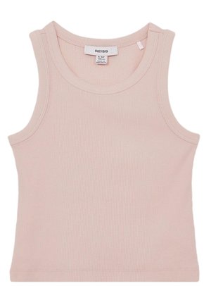 Canottiera a coste senza maniche per bambini in rosa chiaro, taglia 5-6 anni, con scollo rotondo ed etichetta del marchio sul retro.