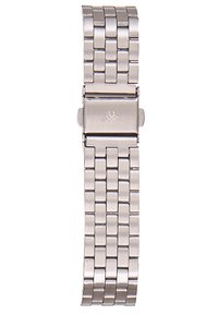 Silverfärgad armbandsur i rostfritt stål med en länkdesign, utrustad med en polerad yta och en lås med logotypdetalj.