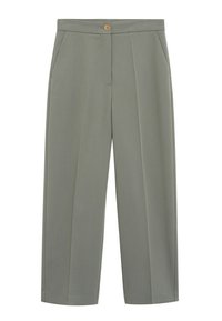 Pantalons vert clair à coupe droite, dotés de deux poches avant, d'une fermeture à bouton et de plis marqués pour un look ajusté.