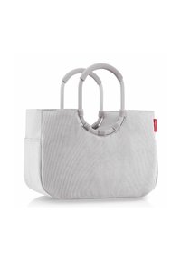 Borsa tote in tessuto grigio con texture a coste, doppi manici circolari in plastica e una tasca laterale; presenta un piccolo etichetta rossa del marchio sul lato.