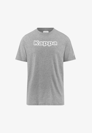 T-shirt grigia in cotone con collo rotondo, caratterizzata dal logo "Kappa" in bianco sulla parte anteriore e un piccolo logo sulla manica.