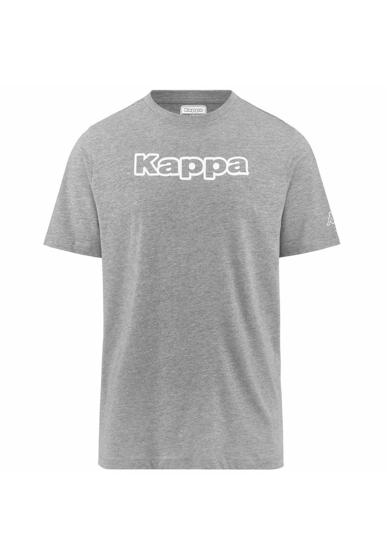 T-shirt grigia in cotone con collo rotondo, caratterizzata dal logo "Kappa" in bianco sulla parte anteriore e un piccolo logo sulla manica.