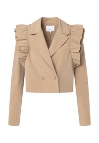 Bežinė trumpa švarkas su dvigubais mygtukais ir raukšlėmis ant pečių, turi ilgas rankoves ir lygų audinio tekstūrą.