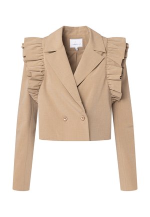 Beige cropped blazer met dubbelgeknoopte knopen en gerimpelde schouderaccenten, met lange mouwen en een gladde stofstructuur.