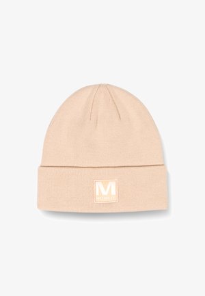 Beige knit beanie with a folded cuff, featuring a square logo patch with the letter "M" and brand name "MERRELL" in light colors.