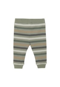 Groene gestreepte legging met horizontale lijnen in donkergroen, beige en wit, gemaakt van ribbelkatoenen stof, met een elastische tailleband.
