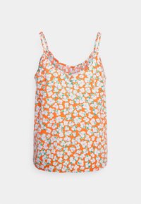 Blomstret top i orange med pink, hvide og grønne blomster. Har tynde justerbare stropper og en rund halsudskæring, lavet af letvægtsstof.