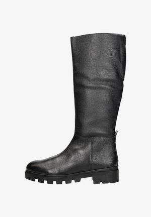 Zwarte leren kniehoge laars met een gestructureerde afwerking, ronde neus en stevige rubberen zool. Bevat een zijlusje voor gemakkelijke instap.