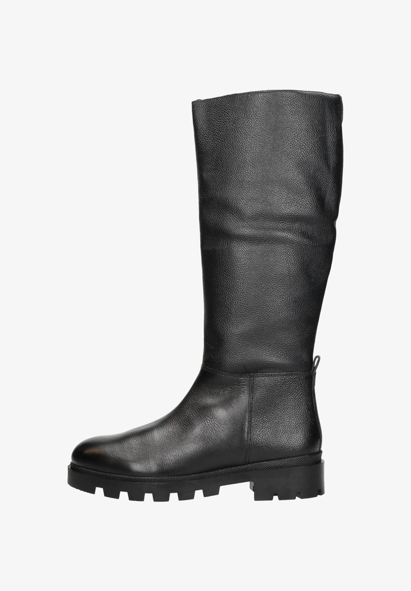 Zwarte leren kniehoge laars met een gestructureerde afwerking, ronde neus en stevige rubberen zool. Bevat een zijlusje voor gemakkelijke instap.