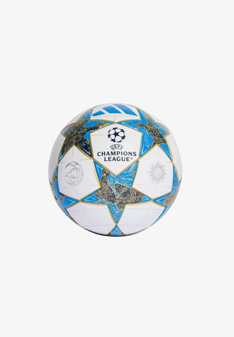 Vit UEFA Champions League fotboll med blå och guldstjärnformer och svart textlogotyp i mitten.