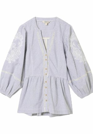 Blue and white vertical striped blouse with buttons down front, balloon sleeves featuring white floral embroidery, and gathered waist.