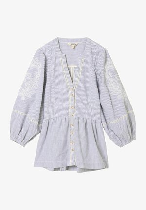 Blue and white vertical striped blouse with buttons down front, balloon sleeves featuring white floral embroidery, and gathered waist.