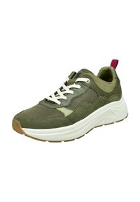 Olivgrün sneaker mit Mesh- und Wildlederpaneelen, weißen Schnürsenkeln, dicker weißer Sohle, Gummi-Außensohle und einem roten Ziehband an der Ferse.