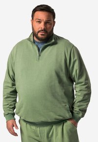 Ljusgrön halvdraget sweatshirt i mjukt tyg, med långa ärmar, ribbade mudd och en avslappnad passform. Fickor på sidorna.