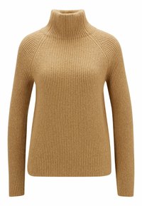 Beżowy prążkowany sweter z wysokim kołnierzem, długimi rękawami i luźnym krojem. Wykonany z miękkiego, teksturowanego dzianinowego materiału.