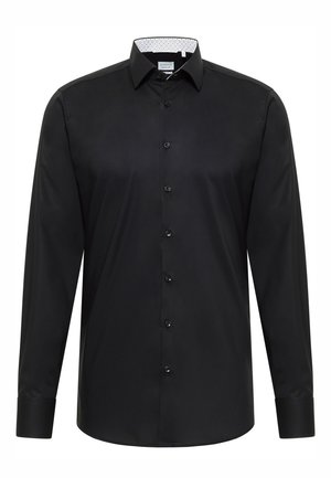 Camicia nera a maniche lunghe con collo a camicia, chiusura frontale con bottoni e interno del collo con delicato motivo. Tessuto dalla texture liscia.