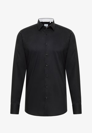 Camicia nera a maniche lunghe con collo a camicia, chiusura frontale con bottoni e interno del collo con delicato motivo. Tessuto dalla texture liscia.
