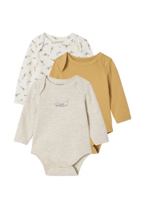 Set aus drei langärmeligen Babybodys in Beige mit Hundedruck, senfgelb und Weiß mit bunten Tierillustrationen.
