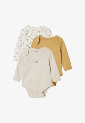 Set of three long-sleeve baby bodysuits in beige with dog print, mustard yellow, and white with colorful animal illustrations.