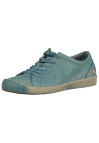 Blaue Leder-Sneaker mit abgerundetem Zehenbereich, Schnürdesign, kontrastierenden Nähten und strukturiertem beigem Gummisole mit kleinen Perforationen.