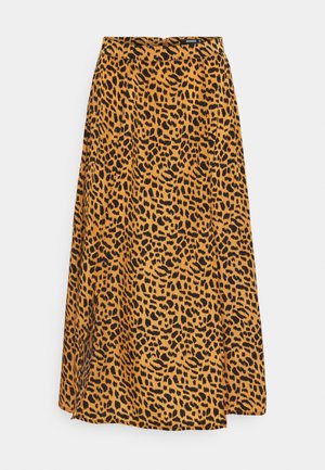 Leopardenmuster Rock in Orange und Schwarz, mit ausgestellter Form und seitlichem Schlitz. Hergestellt aus leichtem Stoff mit glatter Textur.