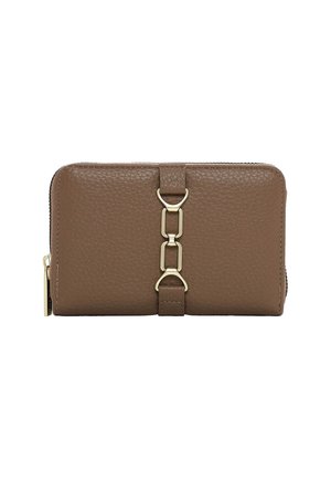 Brown textured leather wallet with gold-tone hardware, featuring a chain link accent on the front and a zipper closure.